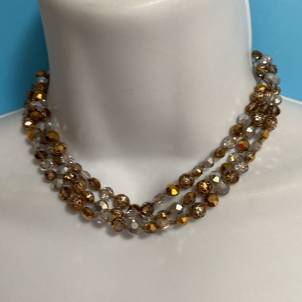 Faceted Glass Beads Triple Strand Crystal Necklace